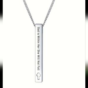 SCRIPTURE Bar NECKLACE God is Withen Her She will Not Fail Stainless Steel 20 In